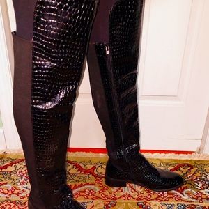 Women's Black Crocodile Print Shiny High Boots